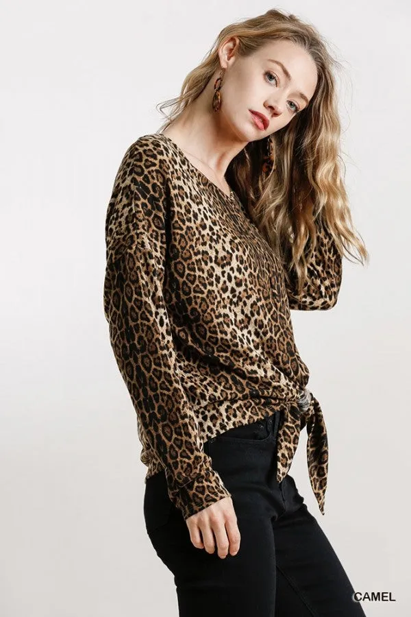 Leopard Tie Front Top, Camel