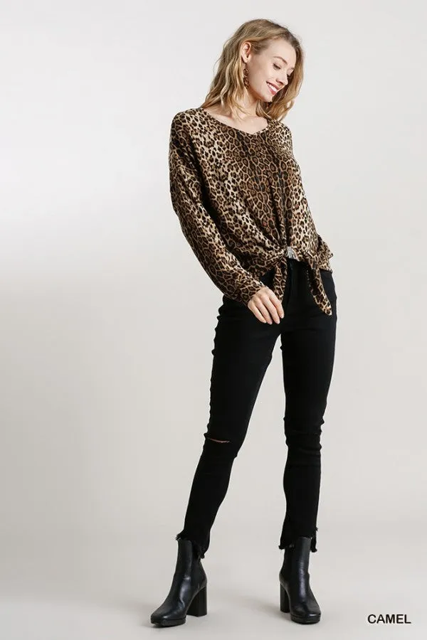 Leopard Tie Front Top, Camel