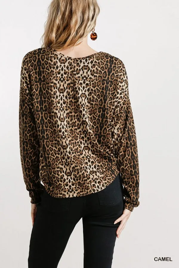 Leopard Tie Front Top, Camel