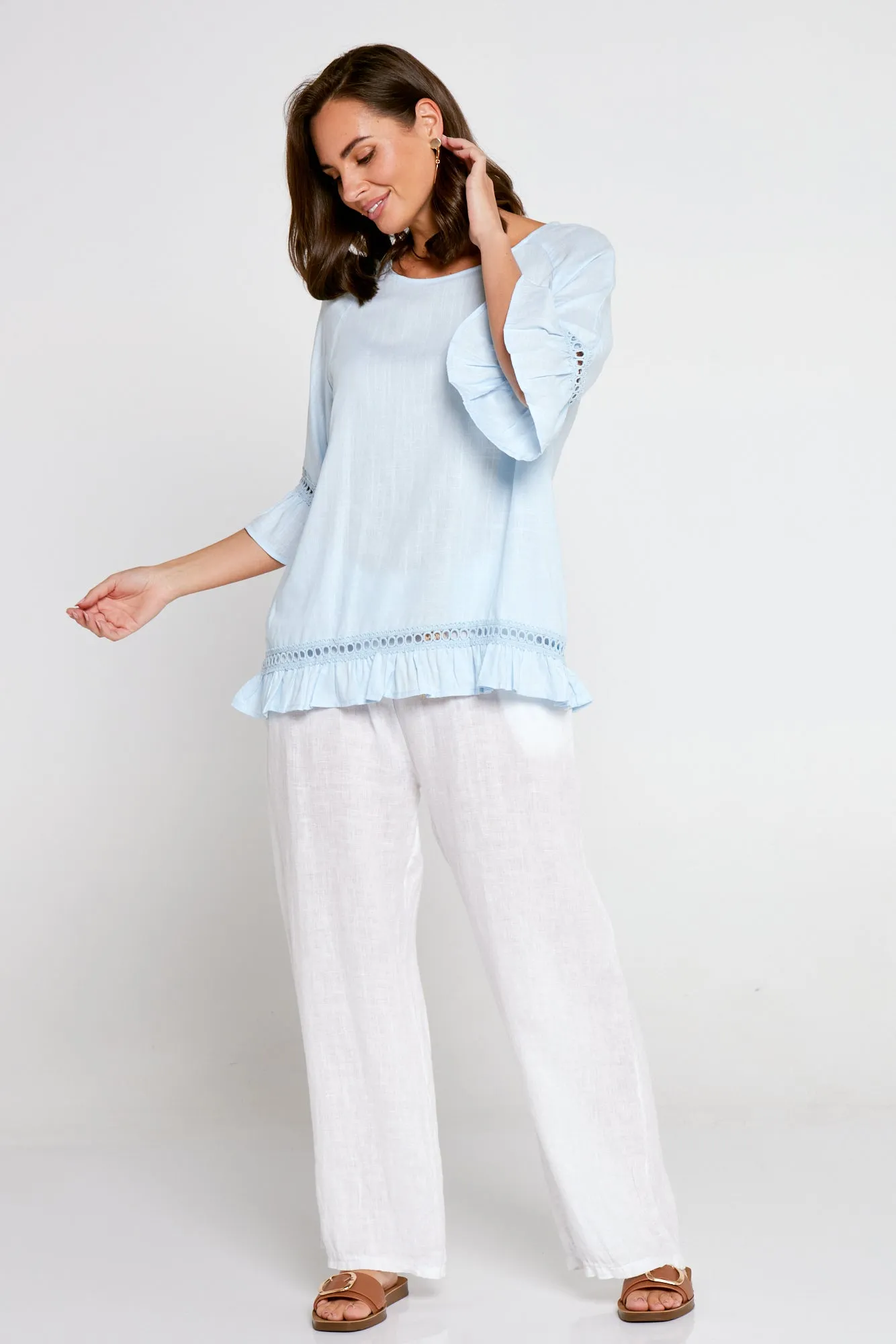 Lorelei Linen Top - Sky Blue