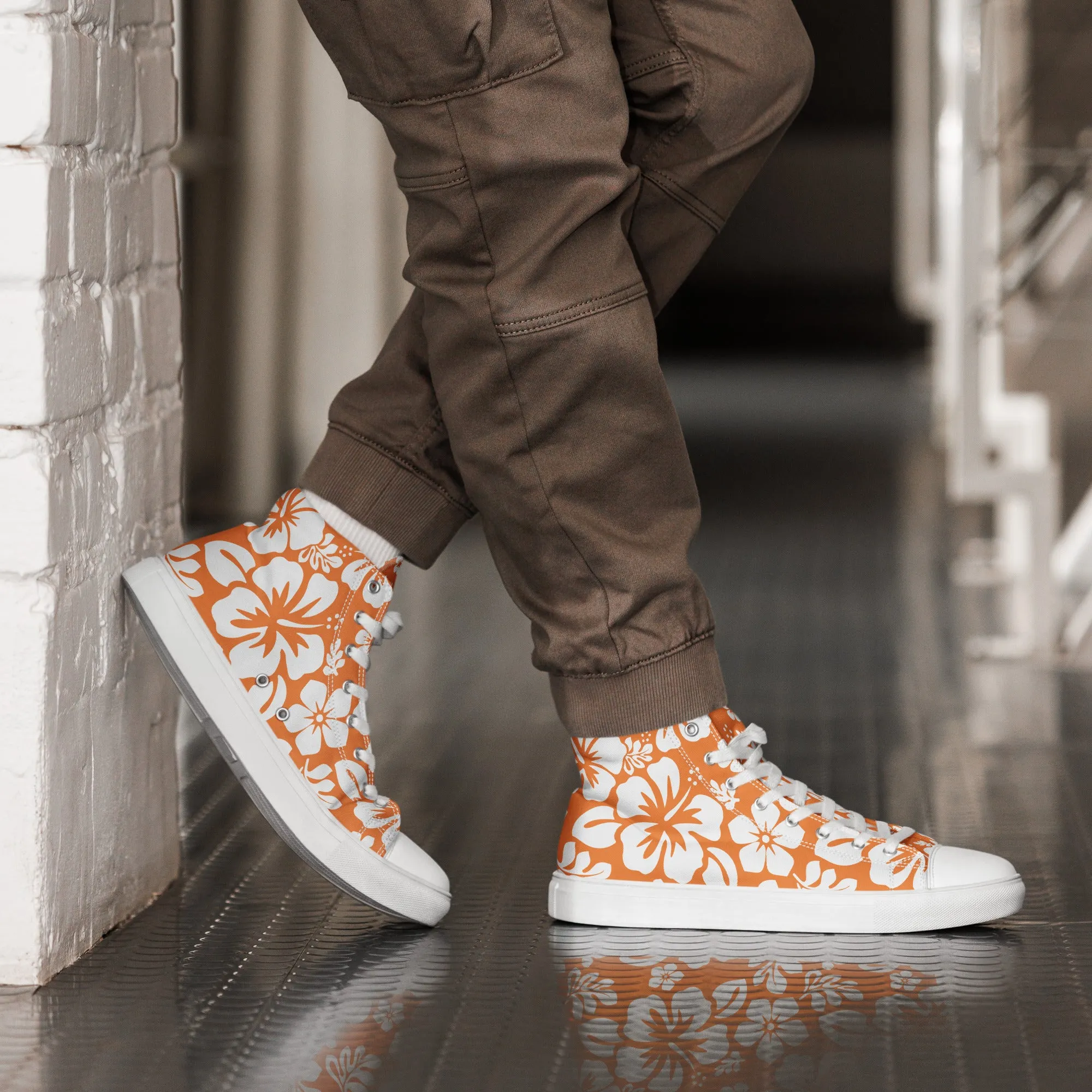 Men’s Orange and White Hawaiian Print High Top Shoes