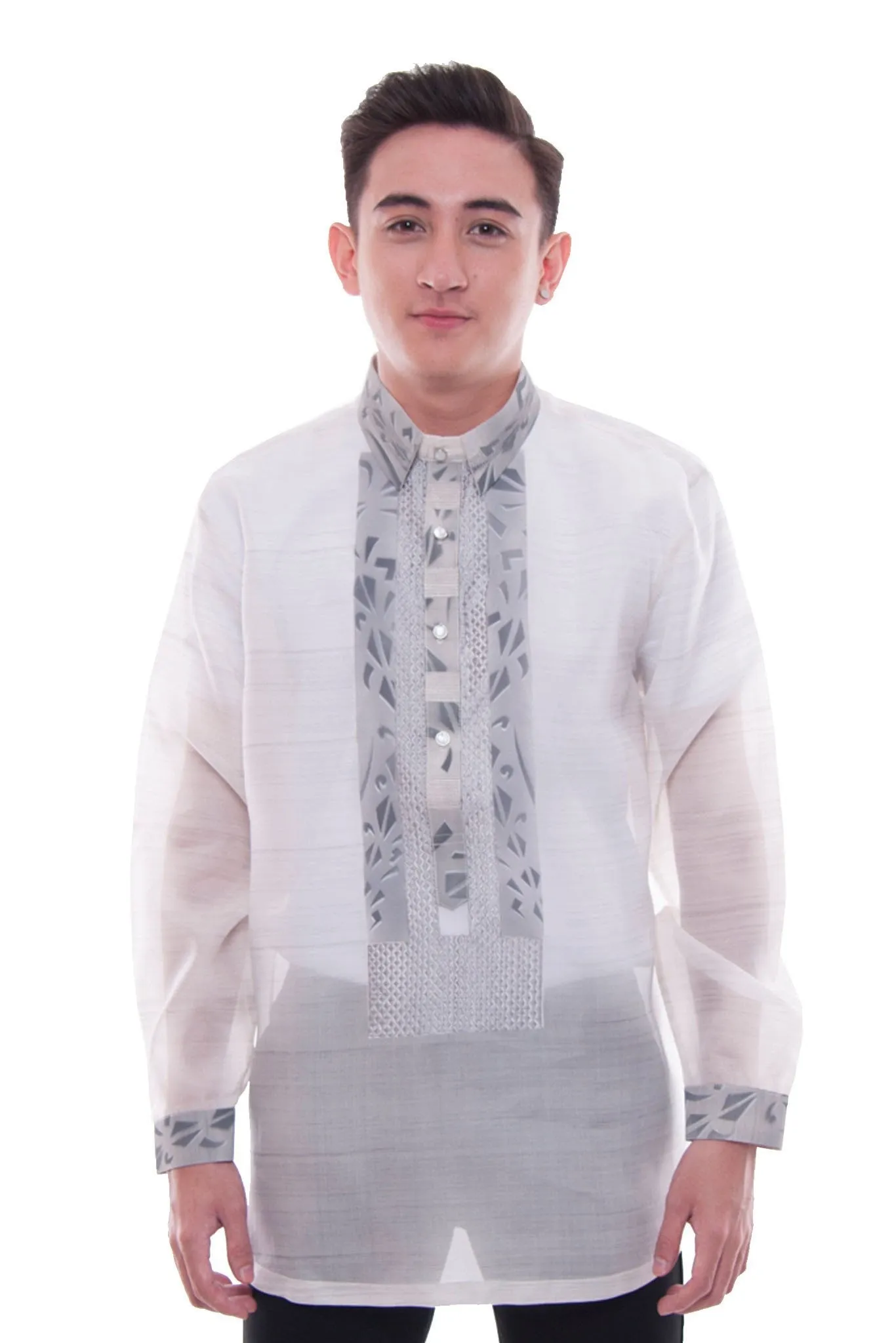 MJ35 - MADE-TO-ORDER - Jusi Pina Barong Tagalog Ethnic Painting Gray