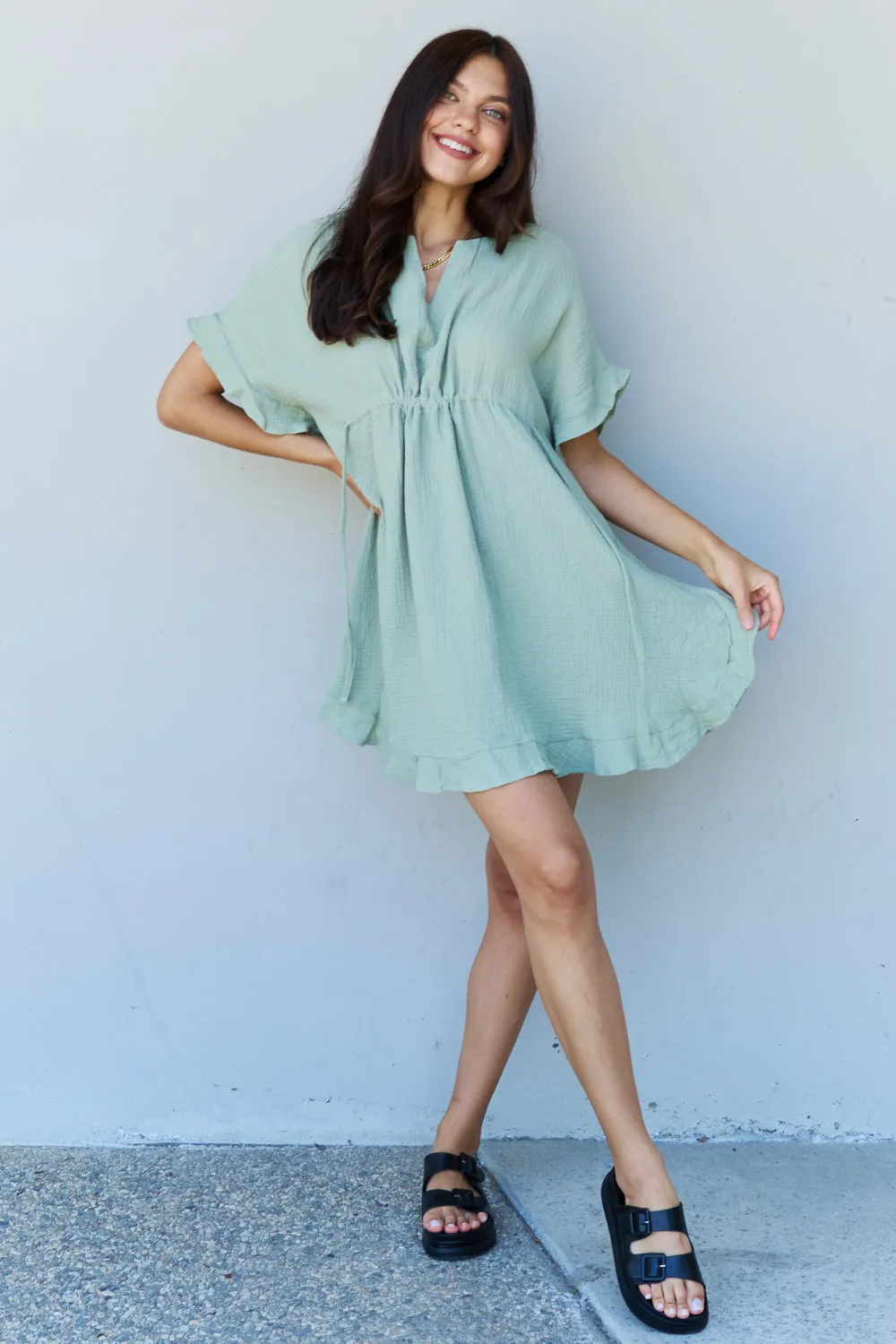 Ninexis Ruffle Hem Dress with Drawstring Waistband in Light Sage