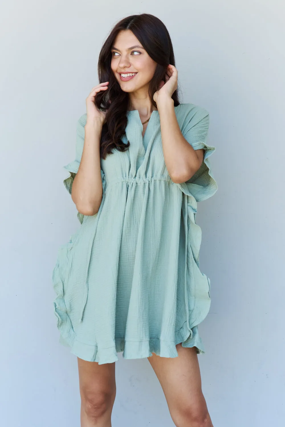 Ninexis Ruffle Hem Dress with Drawstring Waistband in Light Sage