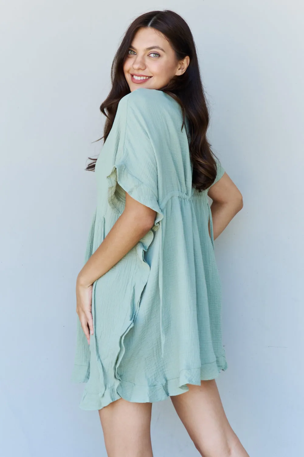 Ninexis Ruffle Hem Dress with Drawstring Waistband in Light Sage