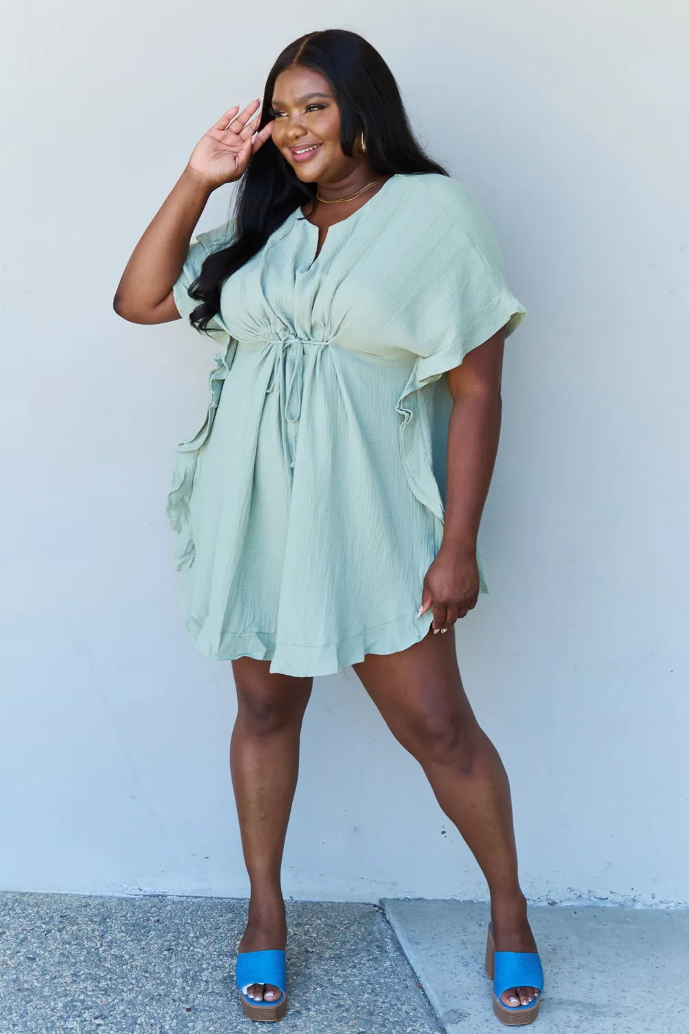 Ninexis Ruffle Hem Dress with Drawstring Waistband in Light Sage