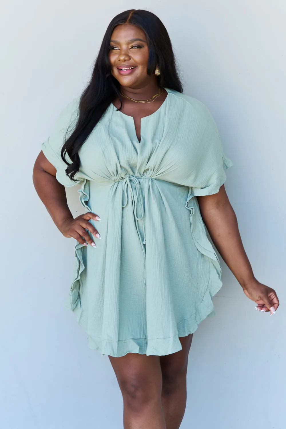 Ninexis Ruffle Hem Dress with Drawstring Waistband in Light Sage