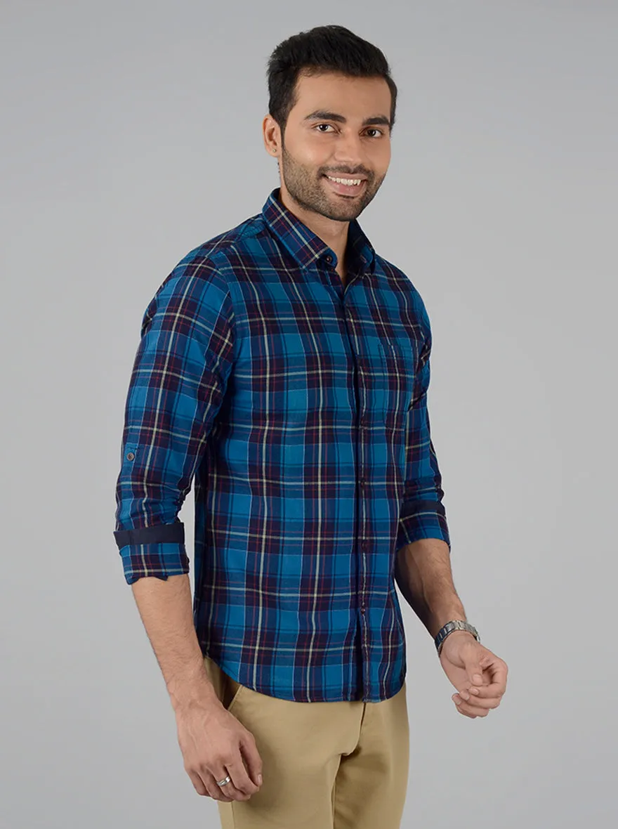 Olympic Blue Checked Slim Fit Casual Shirt | Greenfibre