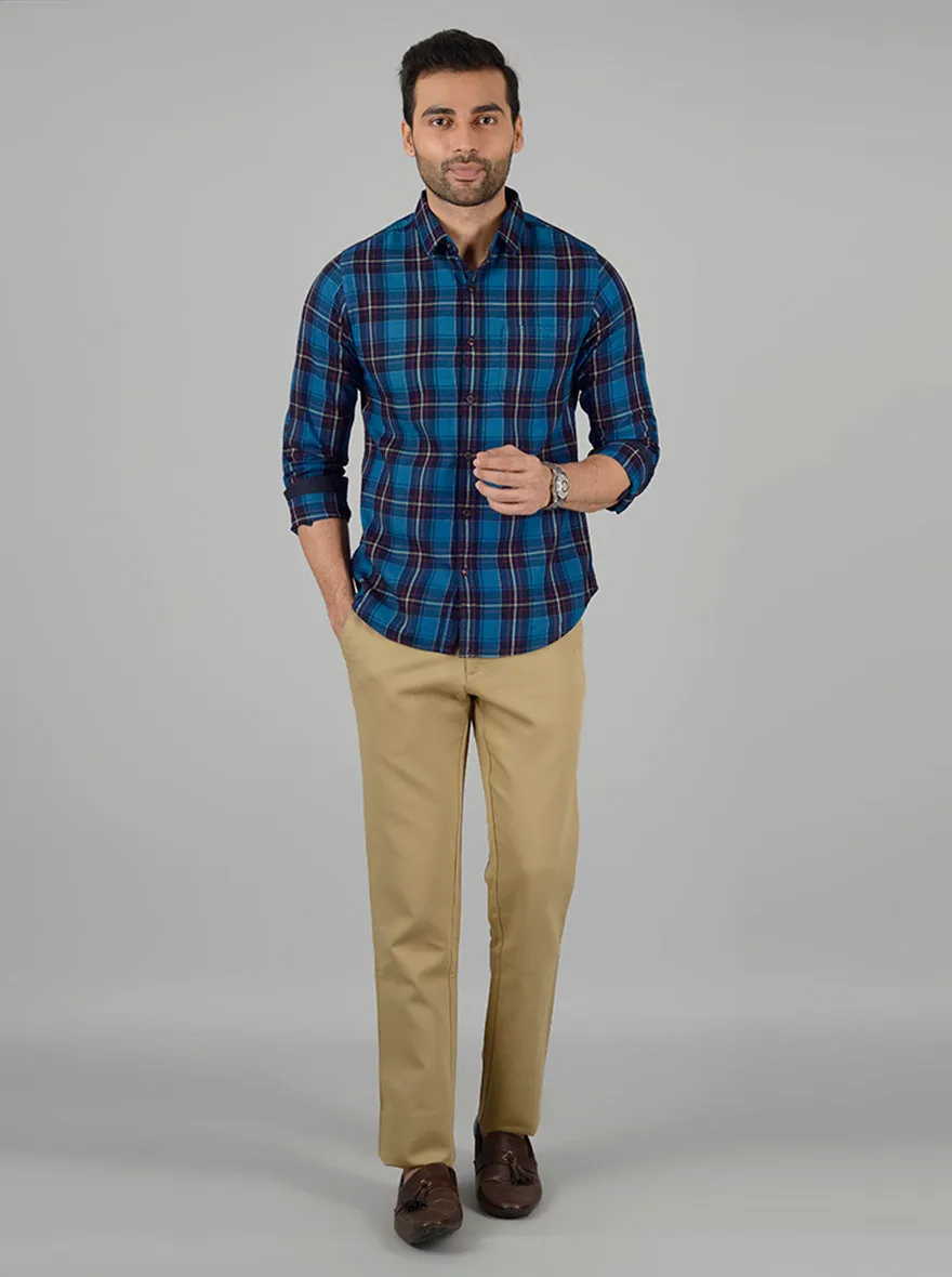 Olympic Blue Checked Slim Fit Casual Shirt | Greenfibre