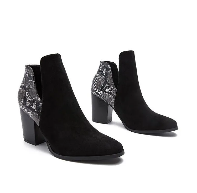 Patchwork Material Chunky Heeled Ankle Boots