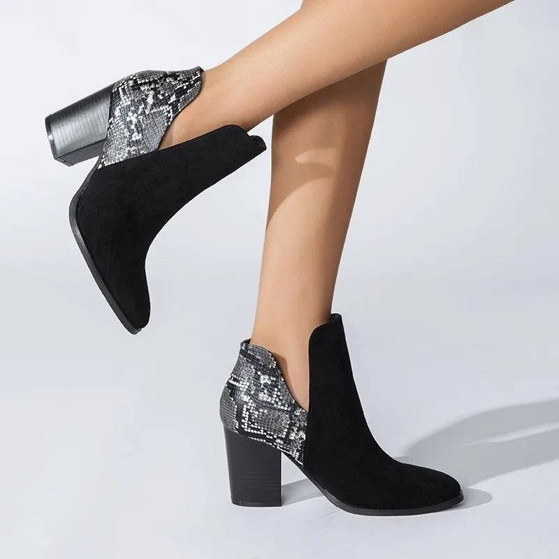 Patchwork Material Chunky Heeled Ankle Boots