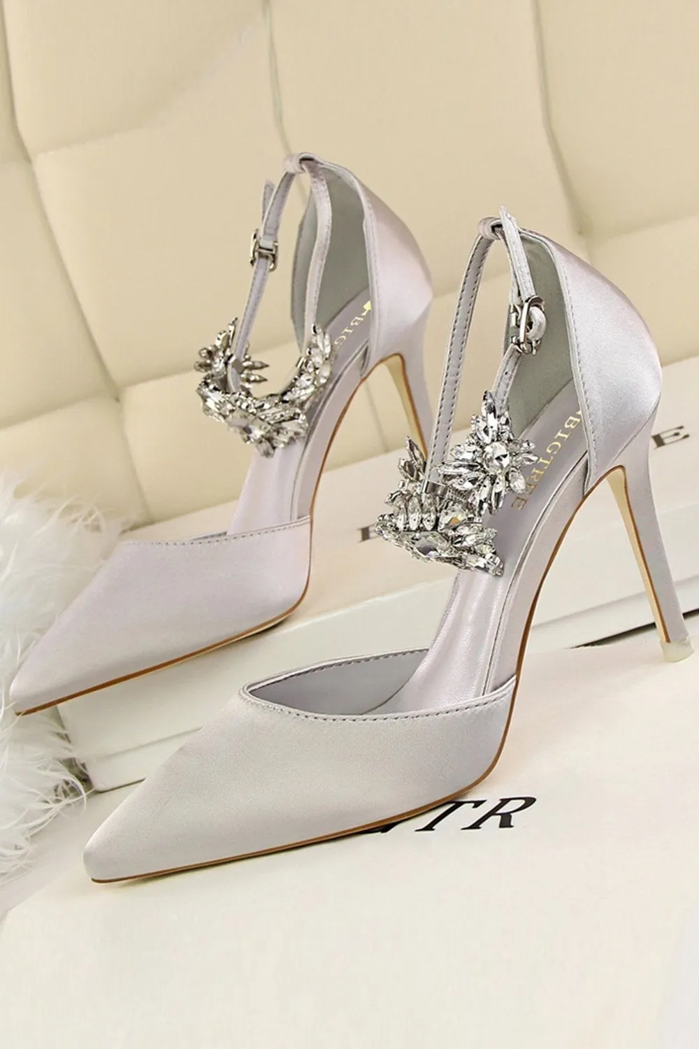 Silver Ankle Strap Prom Heels with Crystals