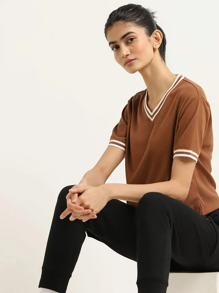 Studiofit Brown Cotton Ribbed T-Shirt