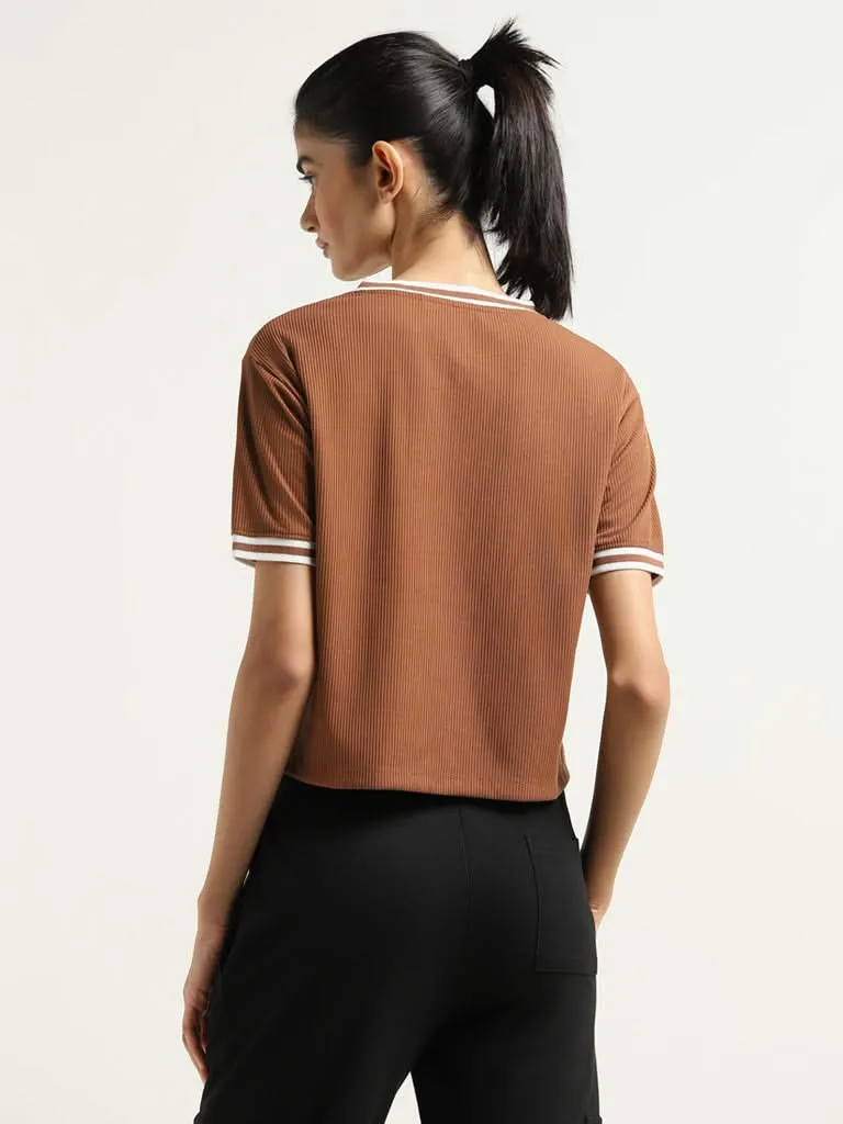 Studiofit Brown Cotton Ribbed T-Shirt