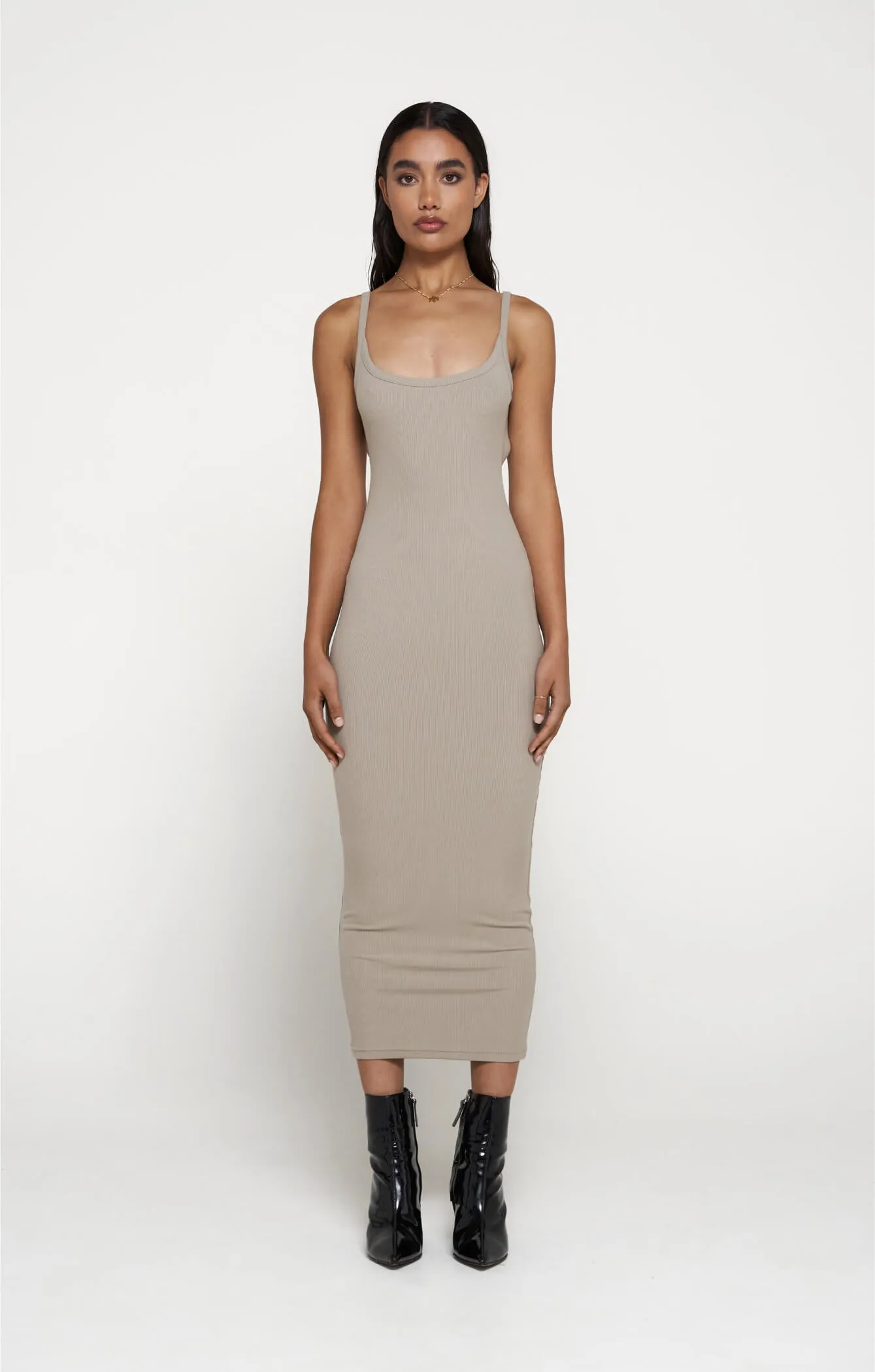 THE LUXE RIB LOW BACK MIDI DRESS - SLATE