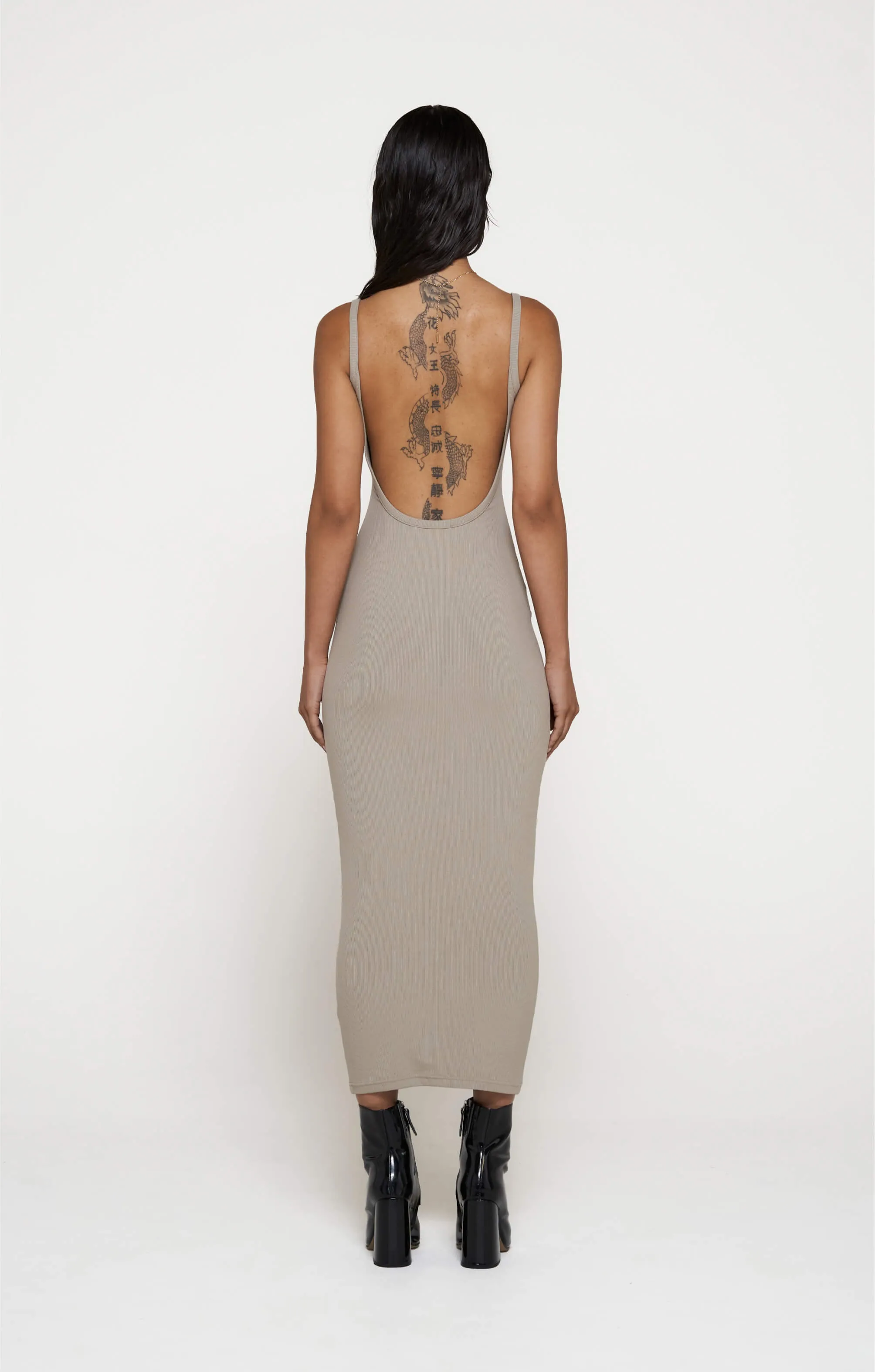 THE LUXE RIB LOW BACK MIDI DRESS - SLATE