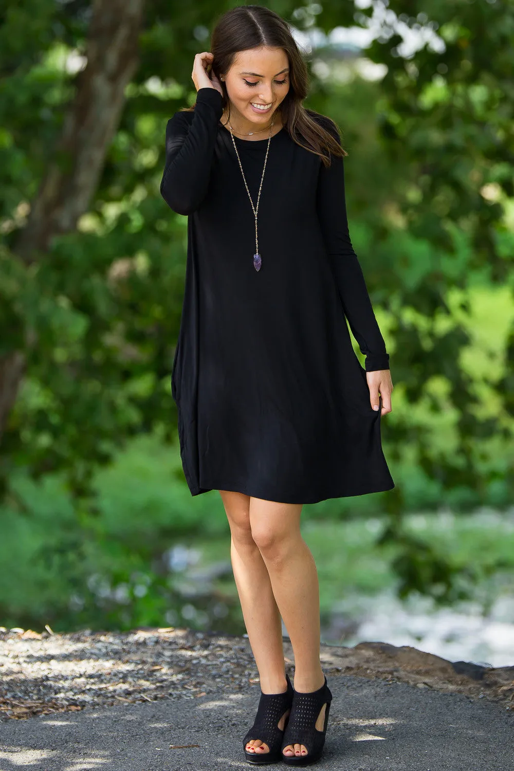 The Perfect Piko Long Sleeve Swing Dress-Black