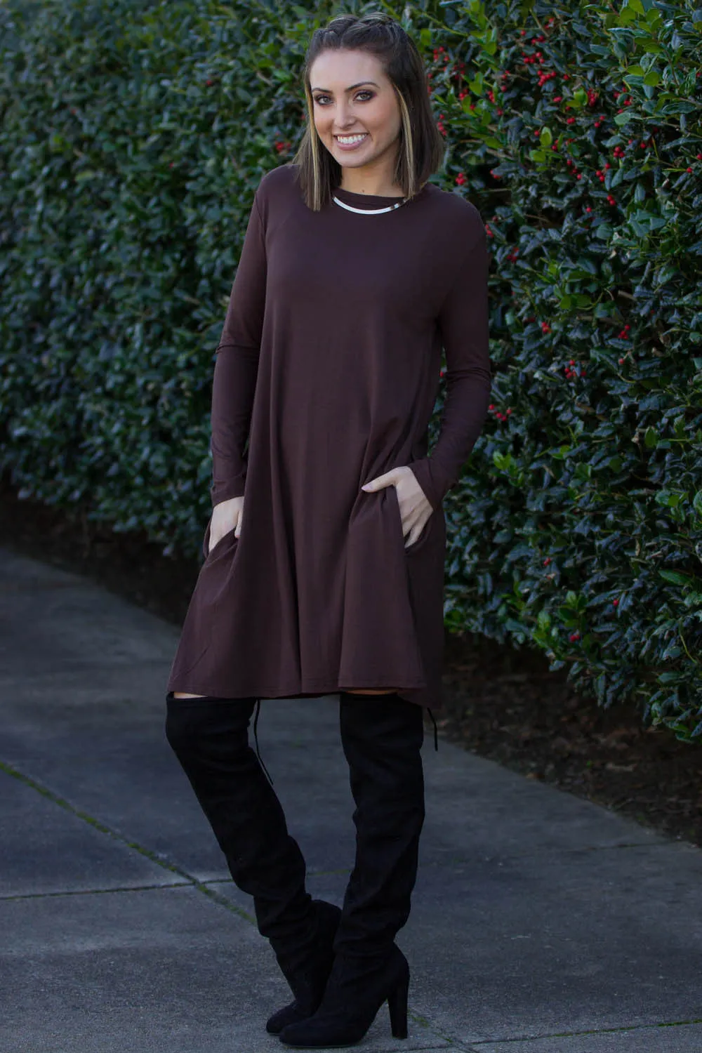 The Perfect Piko Long Sleeve Swing Dress-Dark Brown