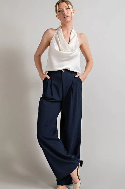 Wide Leg, Pleated Dress Pants - Navy