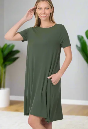 Womens Olive Green Pocket Dress, Short Sleeve Shift Dress, Sizes S-3xl, Solid Green