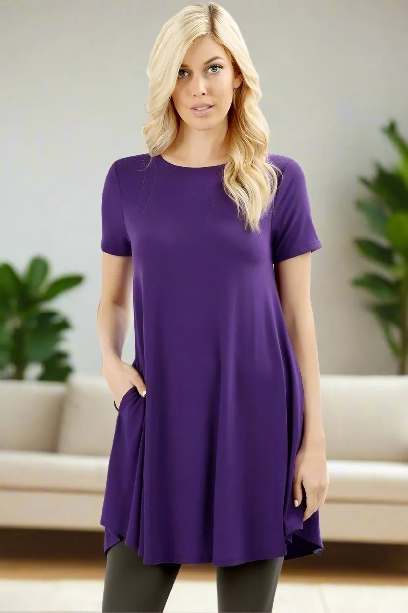 Womens Purple Pocket Dress, Short Sleeve Shift Dress, Sizes S/M/L/XL, Dark Purple