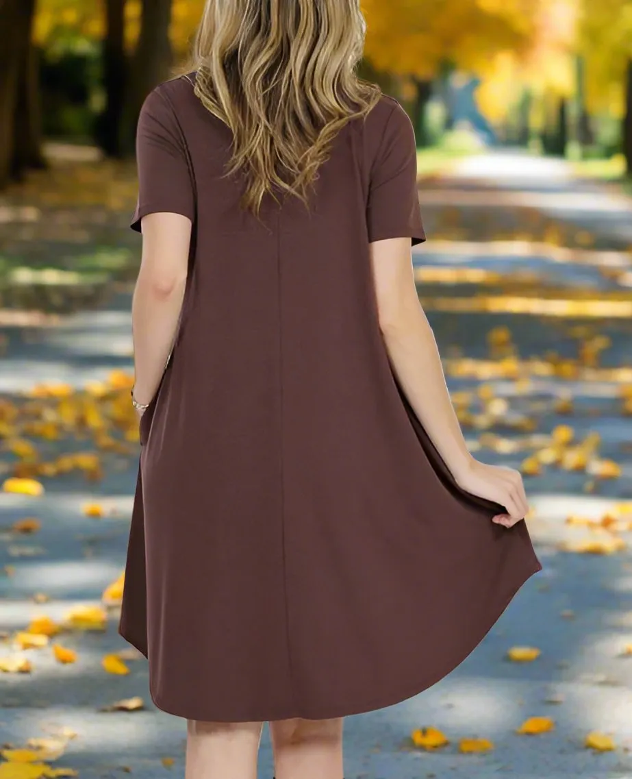 Womens Thanksgiving Brown Pocket Dress, V-Neck Short Sleeve Shift Dress, Sizes S/M/L, Solid Brown