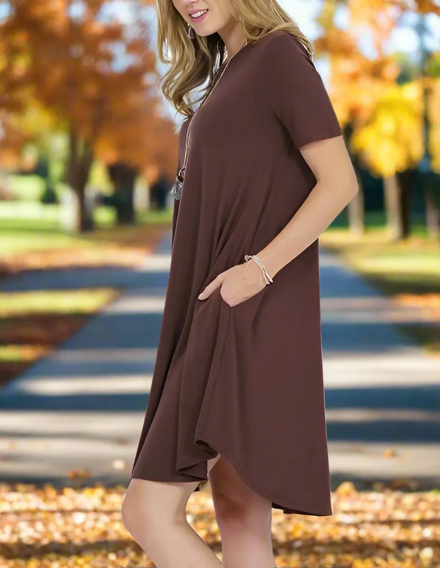 Womens Thanksgiving Brown Pocket Dress, V-Neck Short Sleeve Shift Dress, Sizes S/M/L, Solid Brown